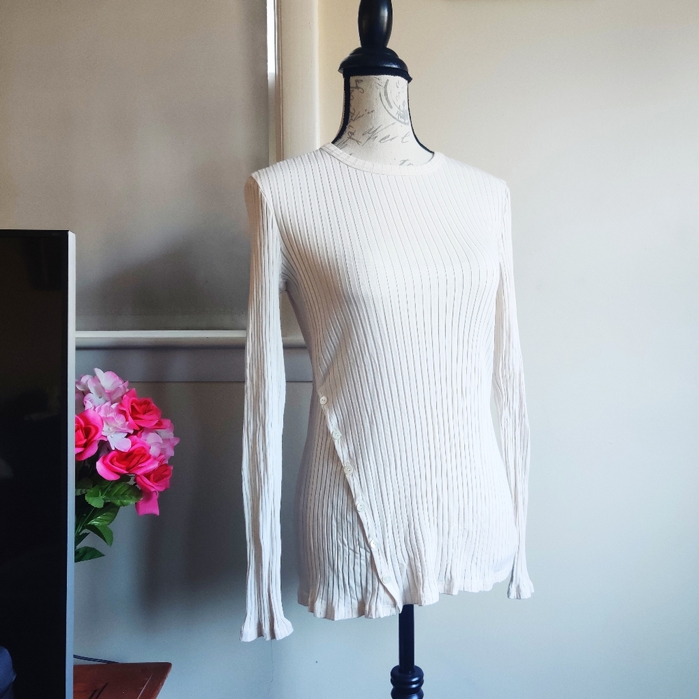 Theory Cream White Ribbed Fitted Button Scoop Neck Ruffle Hem Long Sleeve Top L